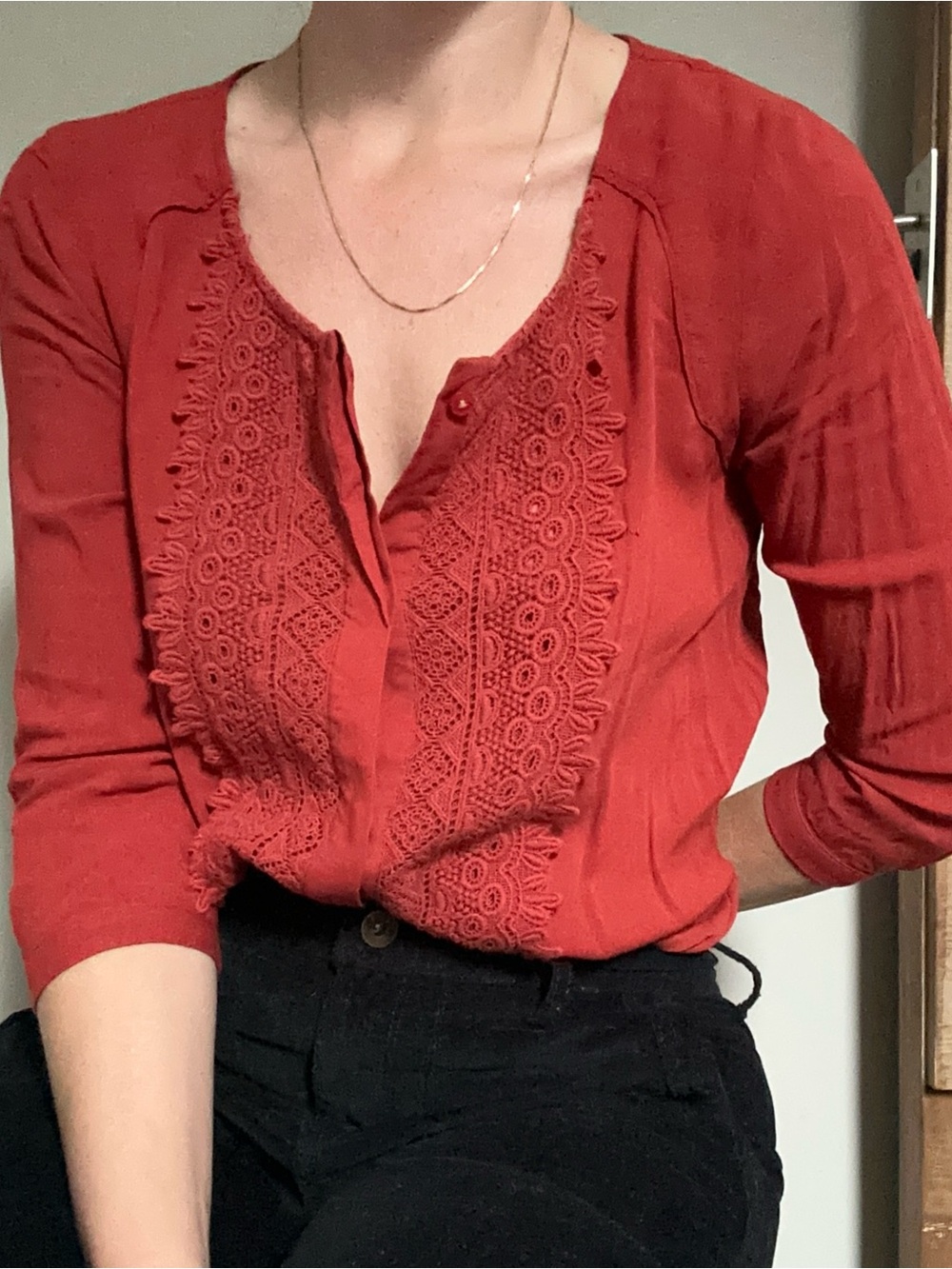 Anthropologie Maeve Rust Red Lace-Front Button Blouse